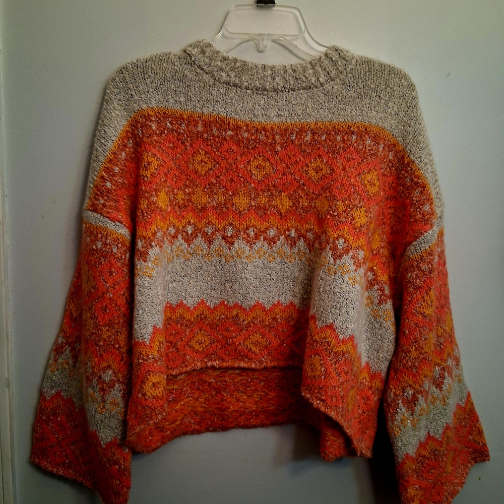 Sincerely Jules Vibrant Orange and Gray Sweater Boho Style Over Sized Sweater - Picture 1 of 5
